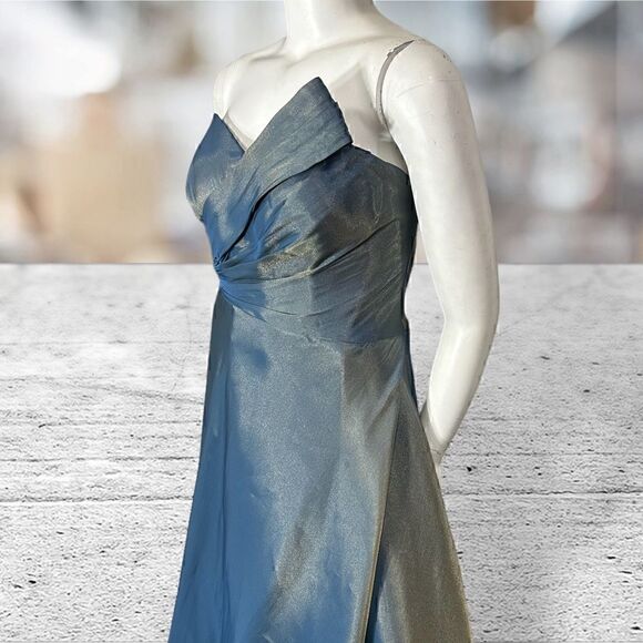 Rene Ruiz Metallic Shine Blue Gold Strapless Gown - Picture 3 of 8